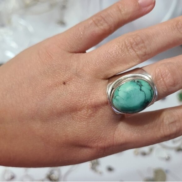 Vintage Boho Sterling Silver Chunky Western Turquoise Large Cabochon Ring 8 - Picture 10 of 11